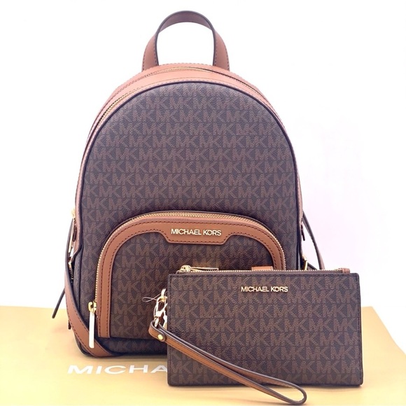 MICHAEL KORS JAYCEE MEDIUM BACKPACK & LARGE DOUBLE ZIP WALLET BROWN/GOLD - Picture 1 of 16